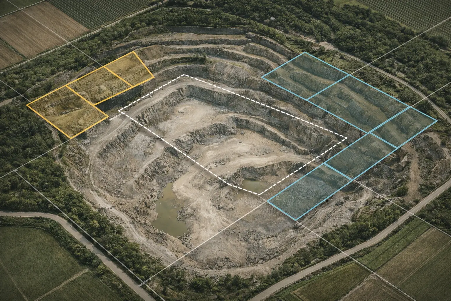 Perimetro di una ex cava su mappa con particelle evidenziate